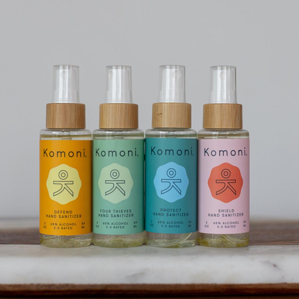 All four essential oil hand sanitizers. With 65% ethyl alcohol and hydrating hempseed oil, features curated signature essential oil blends offering unique aromas and wellness benefits.