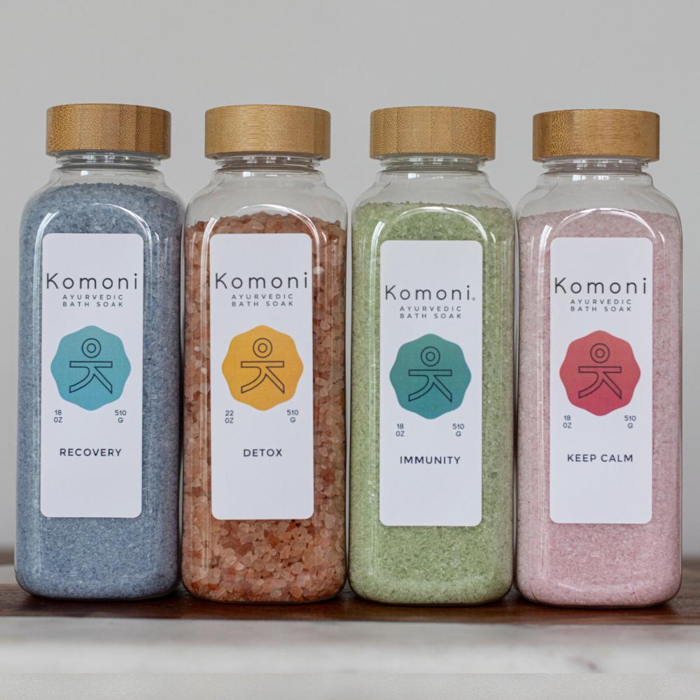 Four colorful 22 oz. bottles of our popular, natural salts, essential oils, and botanicals based bath soaks  with unique aromas & health benefits.