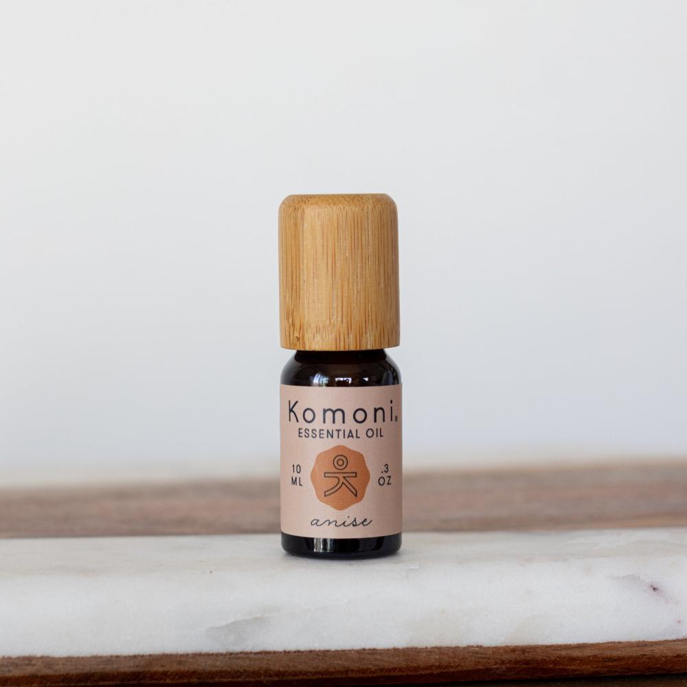 A 10ml vial of Anise pure essential oil with attractive bamboo wood top offers a warm, spicy solution to soothe worries and promote relaxation that is steam distilled from the brown pods of the white-flowering Pimpinella anisum plant.