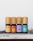 The DETOX pure essential oil set features grapefruit, patchouli, lavender, peppermint 10 mL bottles with attractive bamboo wood tops.  