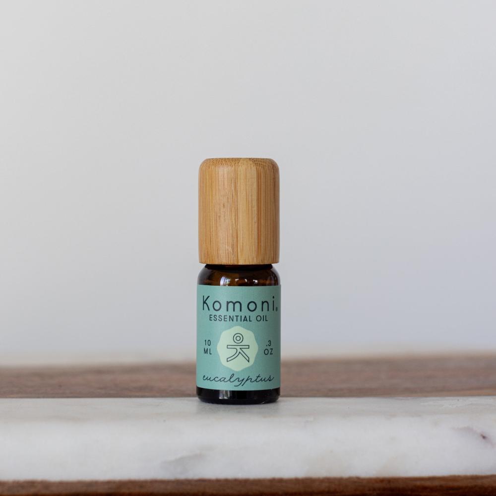 A 10ml vial of Eucalyptus pure essential oil with attractive bamboo wood top provides a natural solution for respiratory relief, skin health, and stress reduction.