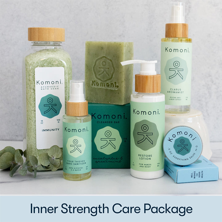 Inner strength care package gift basket includes immunity bath soak, four thieves hand sanitizer, eucalyptus-spearmint cleanser bar, restore body lotion, clarus aromamist, and breath everything salve.