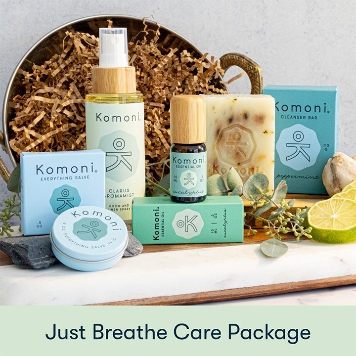 Just Breath care package includes BREATHE Everything Salve, a 10 mL bottle of 100% pure Eucalyptus Essential Oil, CLARUS Aromamist spray, and a Peppermint Cleanser Bar.