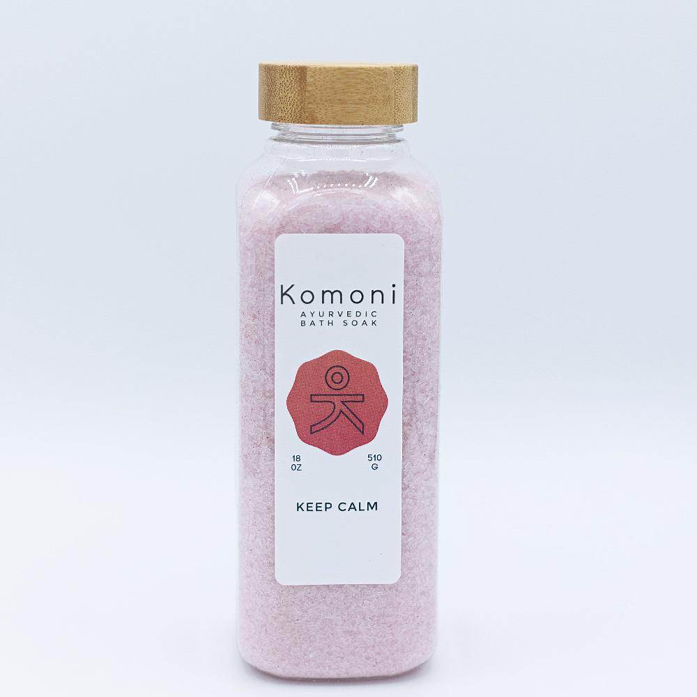 18 oz. bottle of Keep Calm bath soak, handcrafted with pharmaceutical-grade Epsom Salt - rich in magnesium to reduce stress, promote better sleep and overall wellness - features our soothing Keep Calm Ayurvedic Blend of 100% pure essential oils promoting a sense of peace, relaxation, and restful sleep.