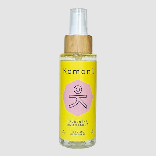 Laurentha Aromamist spray bottle combines a calming, sweet, floral blend of essential oils, including soothing Lavender, uplifting Geranium, with a grounding Sandalwood.