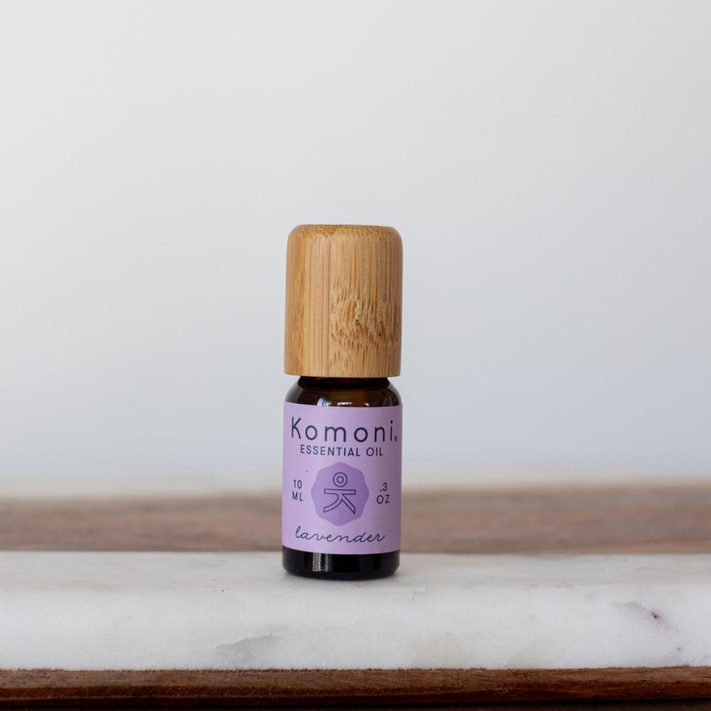 A 10ml vial of Lavender pure essential oil with attractive bamboo wood top provides a calming, 100% natural, soothing, floral scent - perfect for promoting relaxation, peaceful sleep, and a sense of well-being.