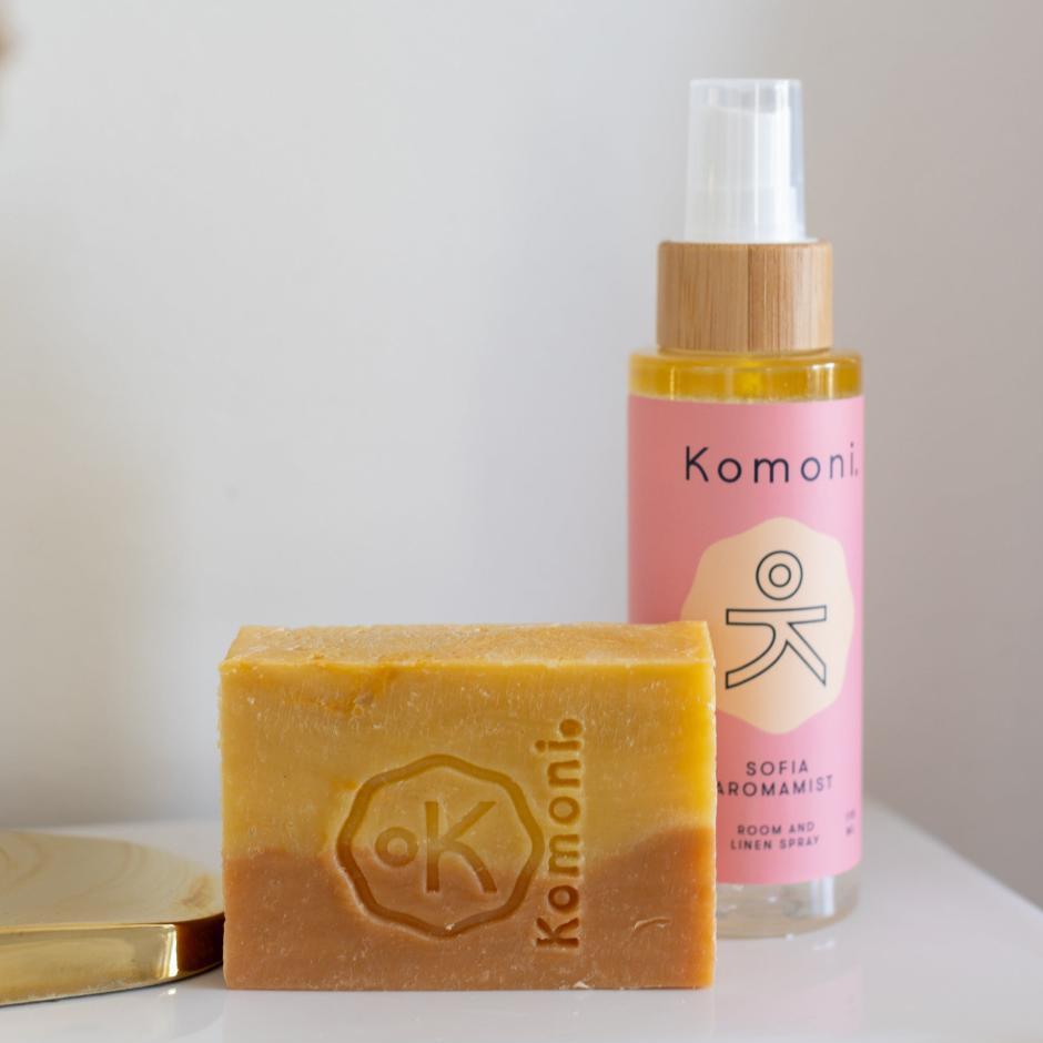 Patchouli Face and Body Bar Soap shown with Sofia Aromamist pure essential oil mist sprayer.