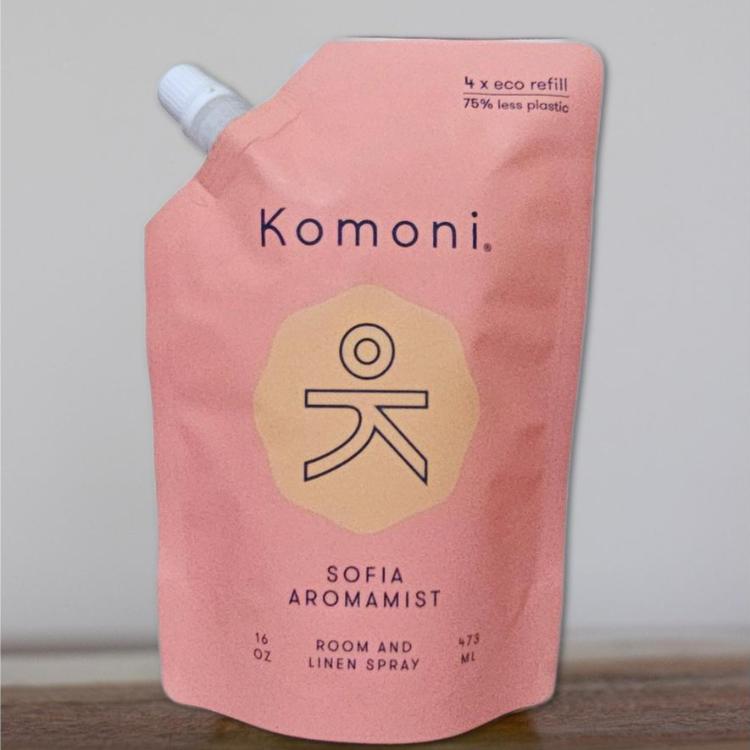 16 oz. refill of Sofia Aromamist with earthy blend of Lavender,  Patchouli, and Chamomile essential oils. Uses 75% less plastic than comparable amount in bottles.