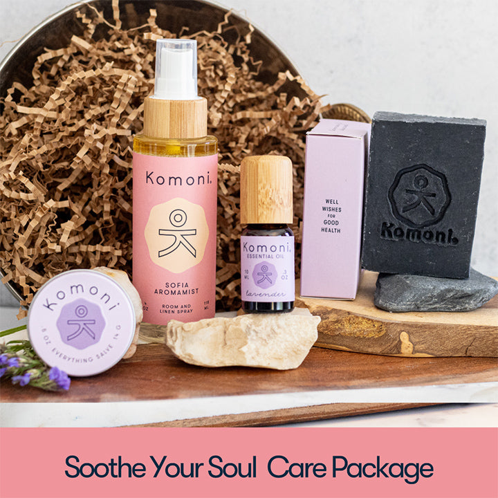 Sooth your soul care package includes Lavender with Activated Charcoal Cleanser Bar, the SOFIA Aromamist, a 10 mL bottle of 100% Pure Lavender Essential Oil, and the SOOTHE Everything Salve.