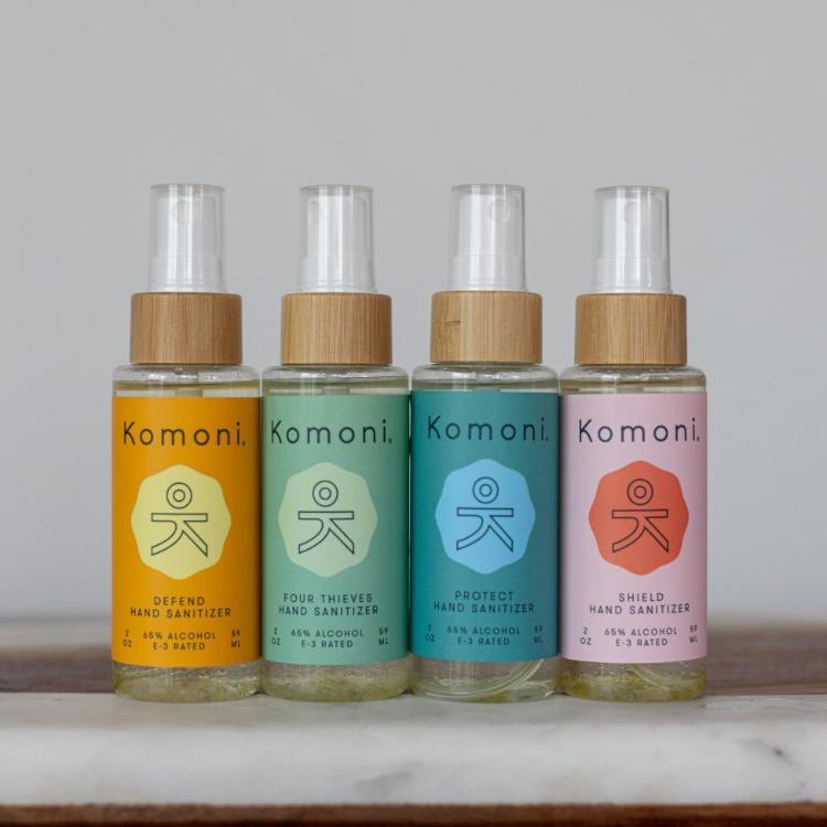 All four essential oil hand sanitizers. With 65% ethyl alcohol, hydrating hempseed oil, and essential oil blends offering unique aromas and wellness benefits.