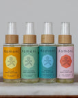 All four essential oil hand sanitizers. With 65% ethyl alcohol, hydrating hempseed oil, and essential oil blends offering unique aromas and wellness benefits.