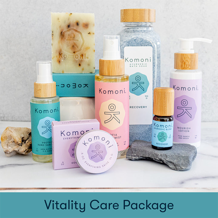 The Vitality Care Package includes PROTECT Hand Sanitizer, Peppermint Essential Oil Cleanser Bar, SOOTHE Everything Salve, SOFIA Aromamist, RECOVERY Bath Soak, a 10 mL bottle of RECOVERY Pure Essential Oil Blend, and NOURISH Hand & Body Lotion.