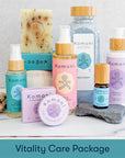 The Vitality Care Package includes PROTECT Hand Sanitizer, Peppermint Essential Oil Cleanser Bar, SOOTHE Everything Salve, SOFIA Aromamist, RECOVERY Bath Soak, a 10 mL bottle of RECOVERY Pure Essential Oil Blend, and NOURISH Hand & Body Lotion.