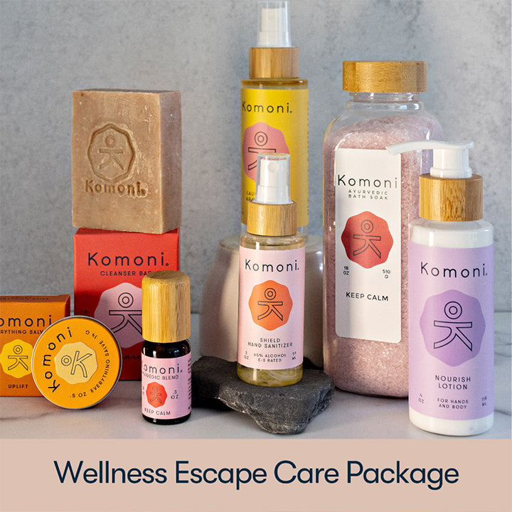 Wellness Escape Package includes: Palmarosa Essential Oil Cleanser Bar, KEEP CALM Bath Soak, UPLIFT Everything Salve, NOURISH Hand & Body Lotion, SHIELD Hand Sanitizer, 10 mL bottle of the KEEP CALM Essential Oil Blend, and LAURENTHA Aromamist.