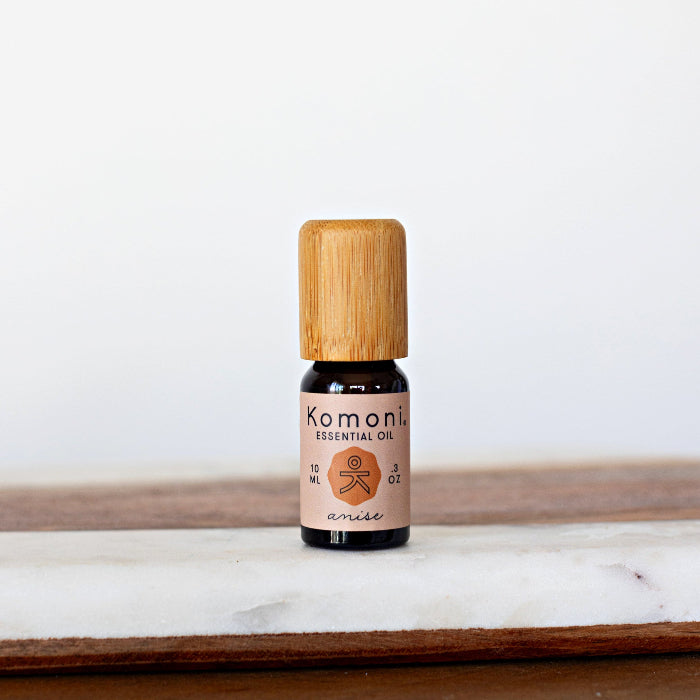 A 10ml vial of Anise Pure Essential Oil with attractive bamboo wood top.