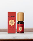 A 10ml vial of Cinnamon pure essential oil with attractive bamboo wood top next to box packaging.