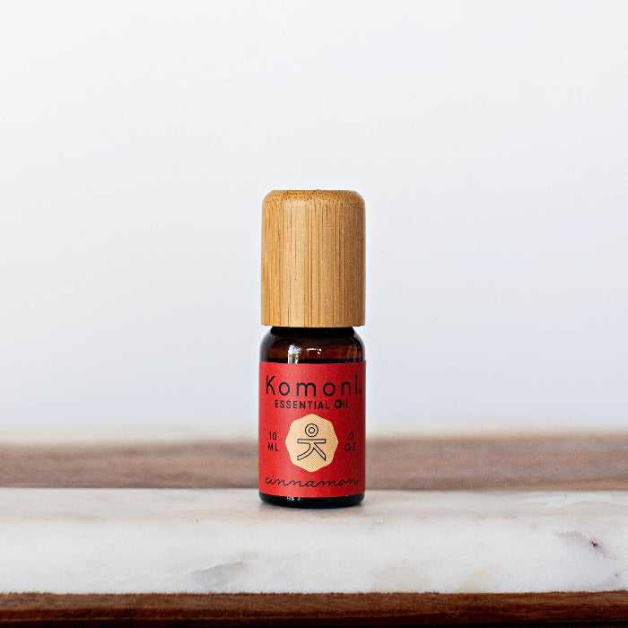 A 10ml vial of Cinnamon pure essential oil with attractive bamboo wood top.