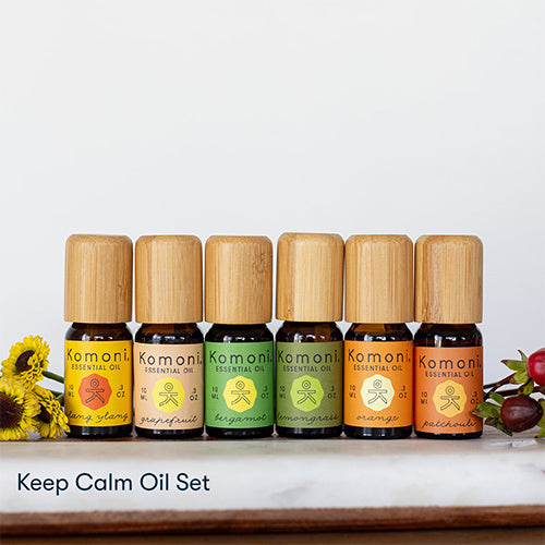 Keep Calm Pure Essential Oil Set of 6. Ylang-ylang, grapefruit, bergamot, lemongrass, orange, and patchouli.