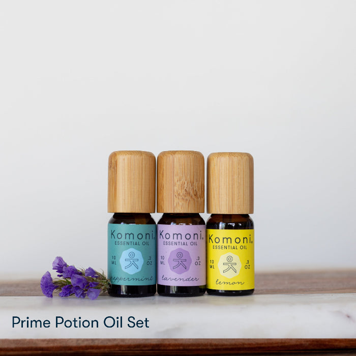 Prime Potion Pure Essential Oil Set of 3:  peppermint, lavender, and lemon in 10 mL vials with bamboo wood tops. 