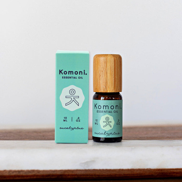 A 10ml vial of Eucalyptus pure essential oil with attractive bamboo wood top.