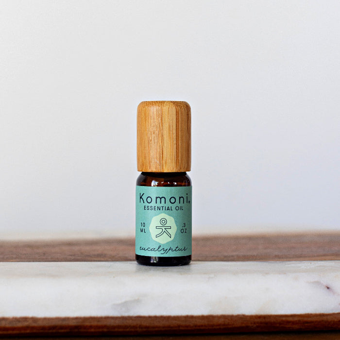 A 10ml vial of Eucalyptus pure essential oil with attractive bamboo wood top.