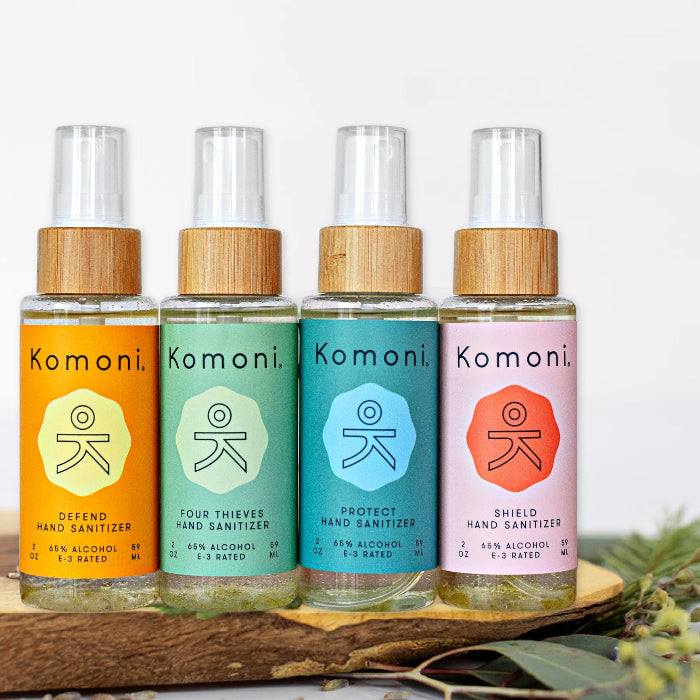 All four essential oil hand sanitizers. With 65% ethyl alcohol, hydrating hempseed oil, and essential oil blends offering unique aromas and wellness benefits.