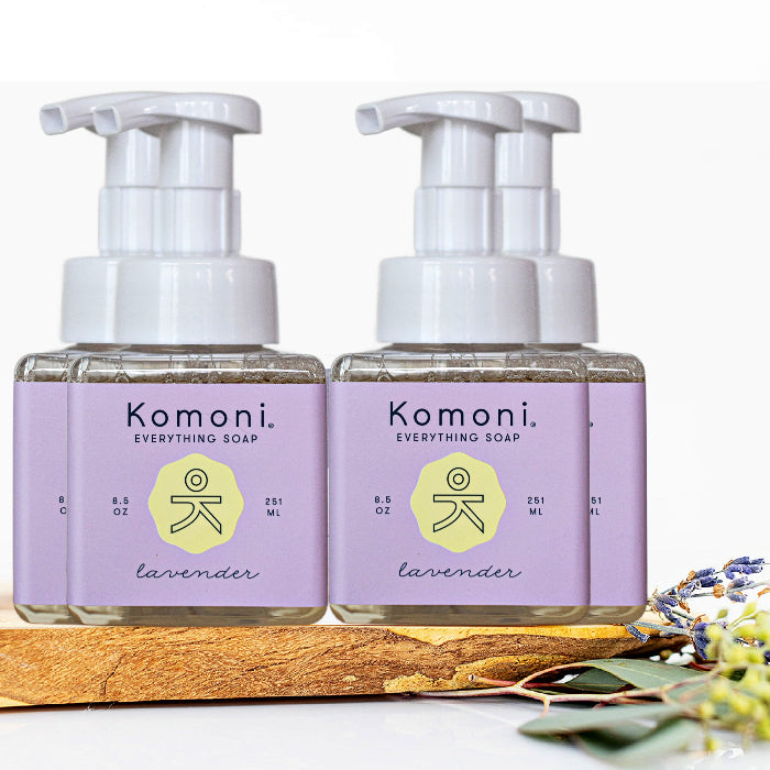 4-Pack of light-purple, 8.5 oz. foaming pump bottles of lavender essential oil all-in-one everything soap.