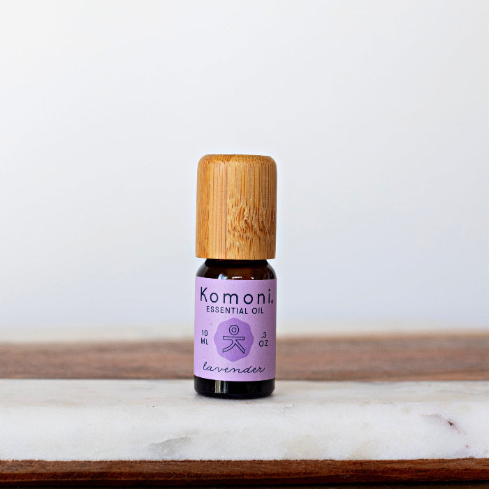 A 10ml vial of Lavender pure essential oil with attractive bamboo wood top.