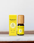 A 10ml vial of Lemon pure essential oil with attractive bamboo wood top next to box packaging.