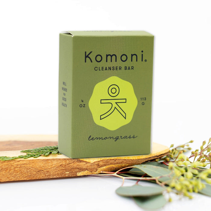 4 oz. Lemongrass essential oil face & body cleanser bar shown in avocado green box packaging.