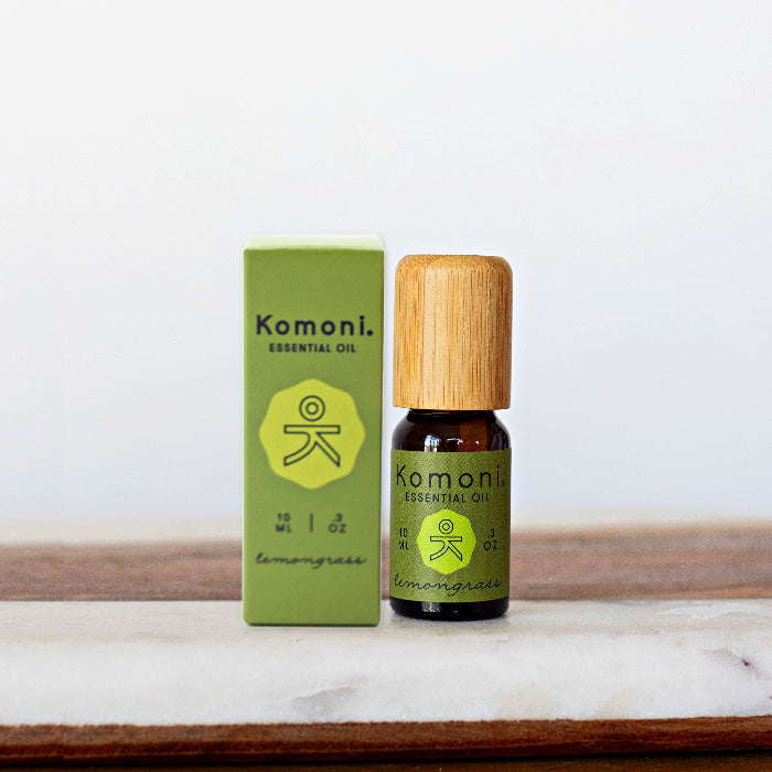 A 10ml vial of Lemongrass pure essential oil with attractive bamboo wood top next to box packaging.