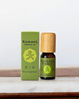 A 10ml vial of Lemongrass pure essential oil with attractive bamboo wood top next to box packaging.