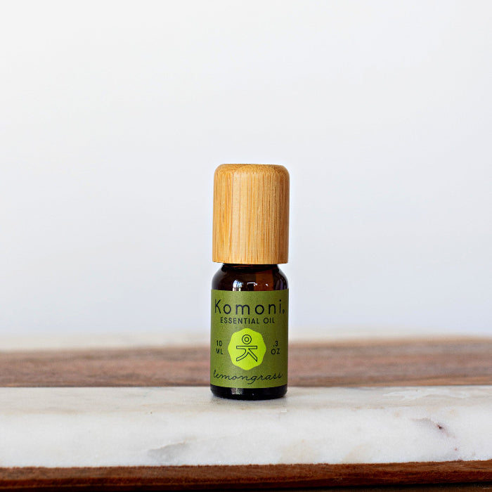 A 10ml vial of Lemongrass pure essential oil with attractive bamboo wood top.