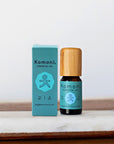 A 10 mL vial of Peppermint Essential Oil with attractive bamboo wood top next to box packaging.