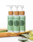 3 wood top 4 oz. pastel green pump-bottles of RESTORE pure botanicals & essential oils hand & body lotion.