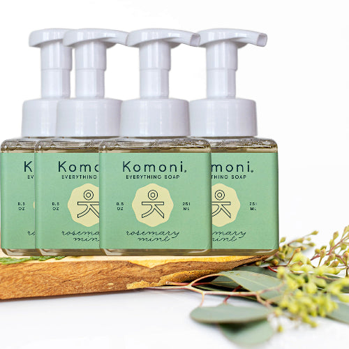 4-Pack of mint-green 8.5 oz. foaming pump bottles of rosemary mint essential oil all-in-one everything soap.