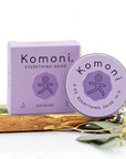 Lavender essential oil Soothe everything lips, hands, skin salve shown in tin in front of box. 